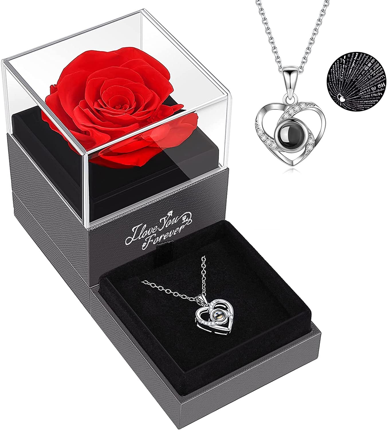 Preserved Red Real Rose with I Love You Necklace -Eternal Flowers